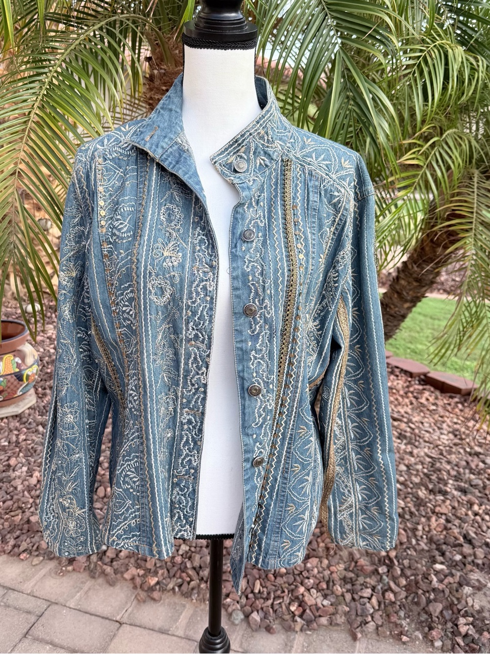 Chico's Blue Embroidered Button-Front Shirt Jacket